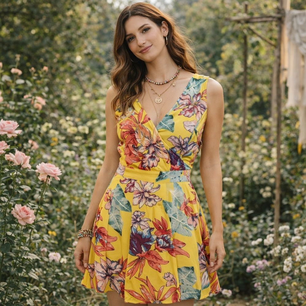 Entro Yellow Floral Dress Size Large Boho Garden Party Summer Dress